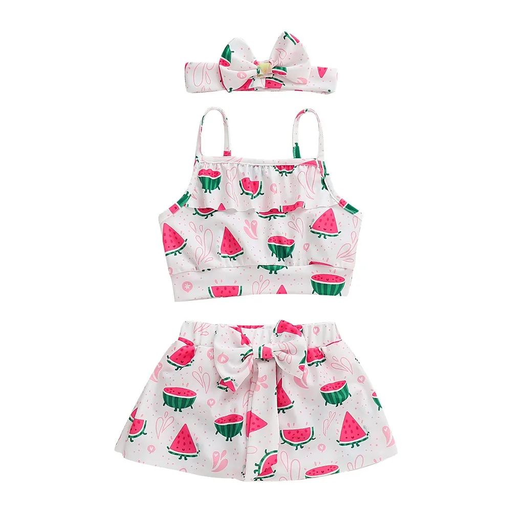 

2019 New Arrival Baby Set Children Kids Girls Bikini Beach Suspender Tops+Skirt+Headbands Swimsuit Set Baby Cloth Drop Ship