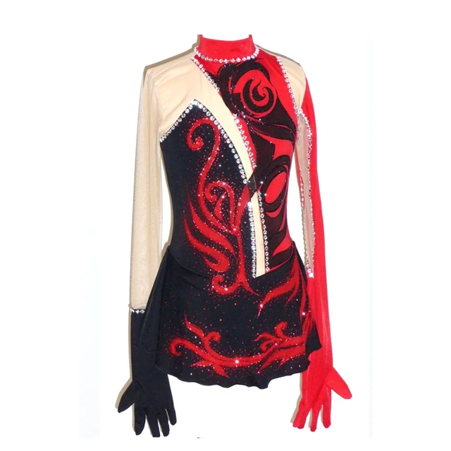 Best price at $172 Cheap Customized Costume Ice Figure Skating Dress Gymnastics Adult Child Girl Skirt Competition White Black Rhinestone Red Gloves