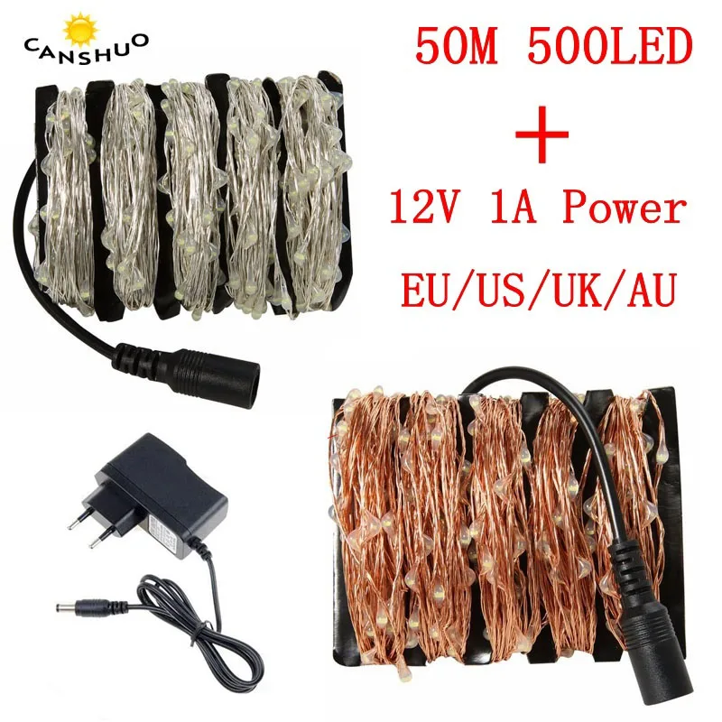 

DC 12V 50M Led Silver/Copper Wire 500 LED String Fairy Starry Lights with Power Adapter for Christmas wedding party decoration