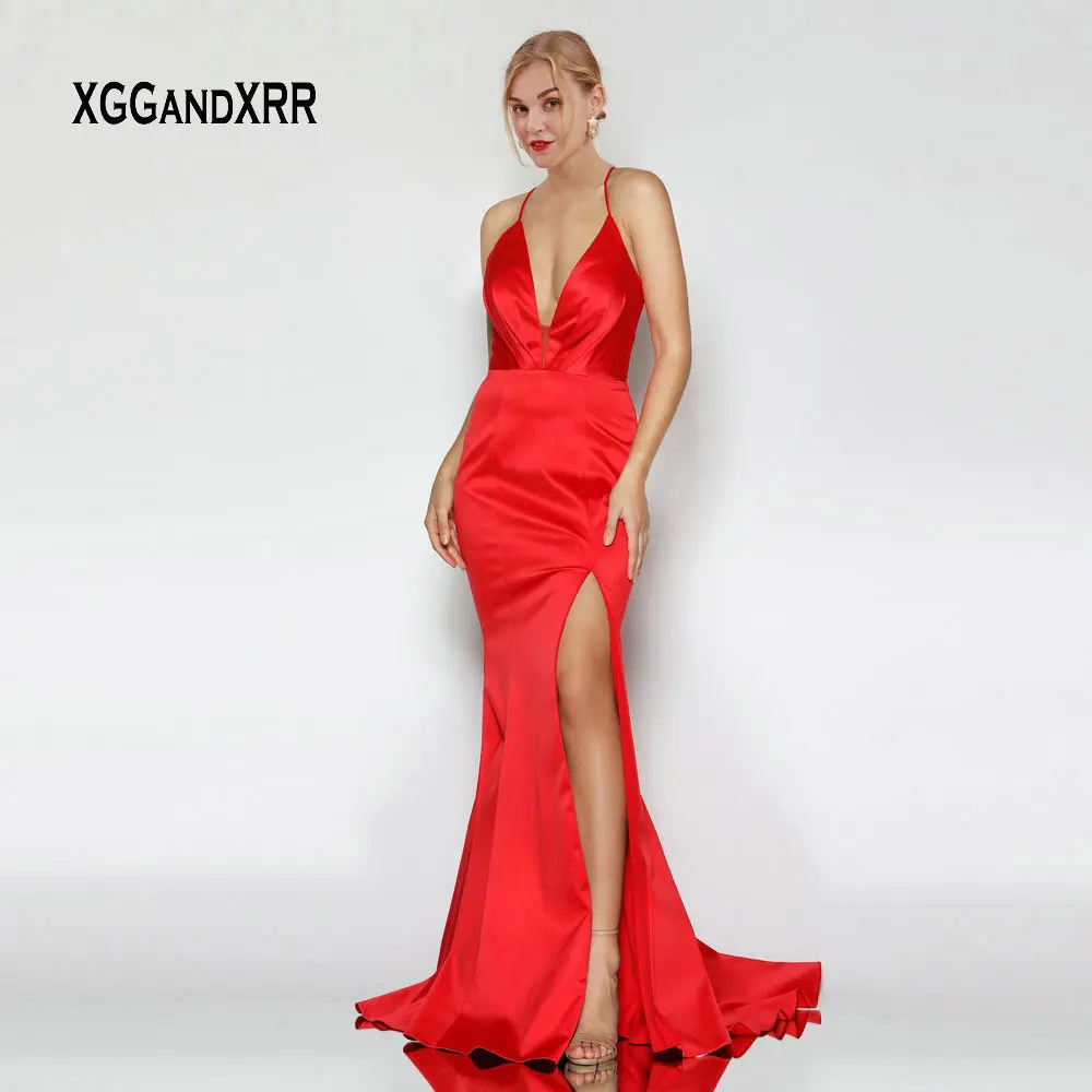 

Sexy Deep V Neck Red Long Mermaid Prom Dress 2019 Simple Spaghetti Straps Backless Satin Evening Dress Women Formal Party Gown