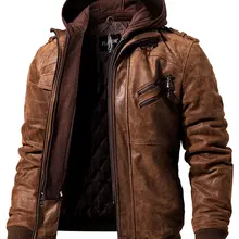 Jacket Men Motorcycle Real-Leather Winter Men's Warm Hood Removable