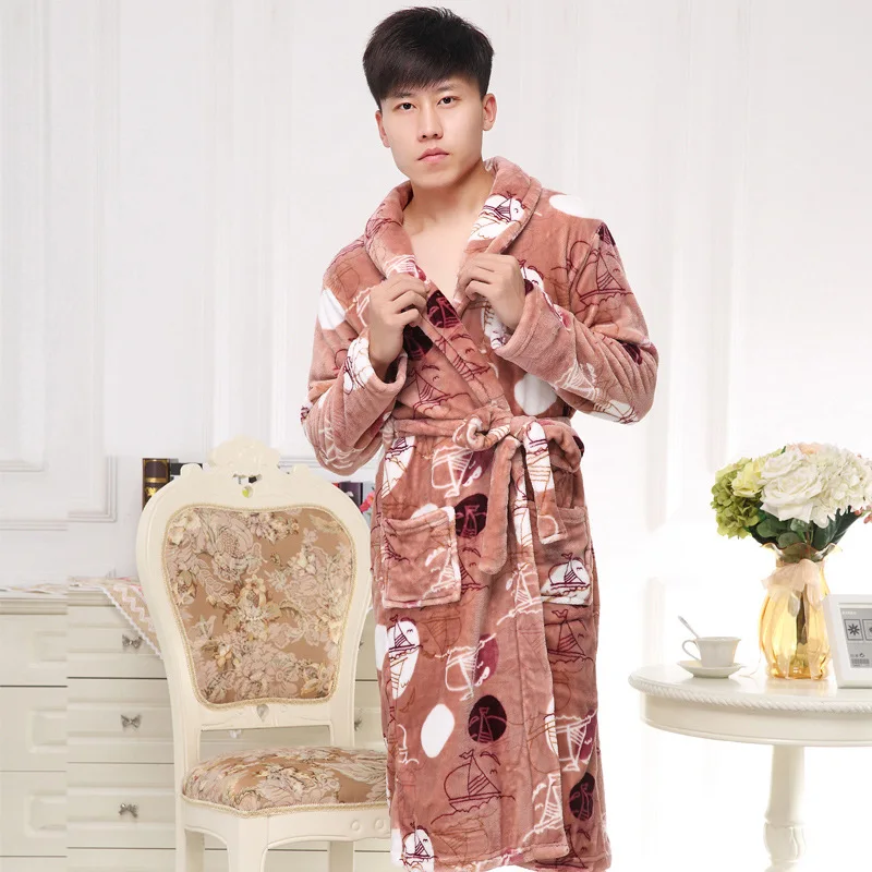 Зимние теплые для мужчин Фланель одежда для отдыха кимоно халат печатных пижамы с длинным рукавом домашний повседневное ночное M XL