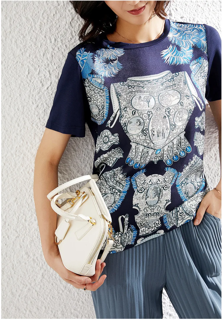 

PIXY Print Silk T Shirt Summer Short Sleeve Modal Womens Clothing White Graphic Tees Women Casual za Ladies Tops Navy Blue Vogue