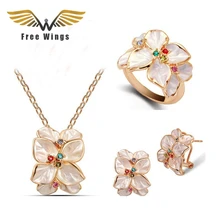 Rose Gold color Plated Austrian Crystal White Flower Wedding Necklaces Earrings Rings Jewelry Sets Bridal Jewellery For