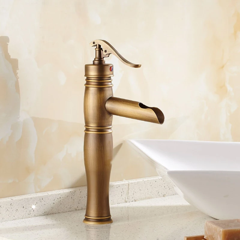 Antique Brass Bathroom Sink Basin Faucet Mixer Tap Waterfall Spout Single Hole Vessel Sink Faucet KD1258 Antique Brass Bathroom Sink Basin Faucet Mixer Tap Waterfall Spout Single Hole Vessel Sink Faucet KD1258