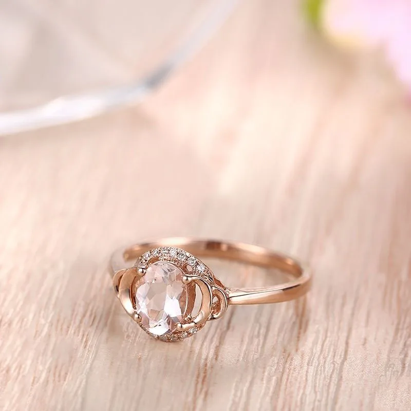 HELON Fine Jewelry Solid 10K Rose Gold Oval 7x5mm Pink Morganite Pave Natural Diamonds Ring Engagement Wedding Gemstone Ring
