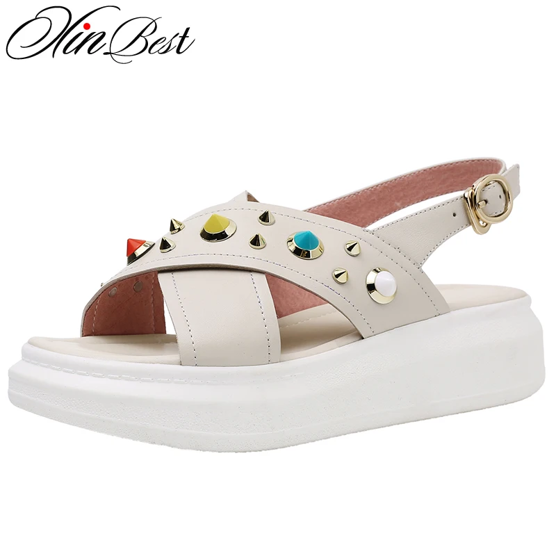 

Xinbest Mixed Colors Sweet Women Sandals Fashion Buckle Casual Wedges Sandals Round Toe Rivet Natural Leather Sandalias Mujer