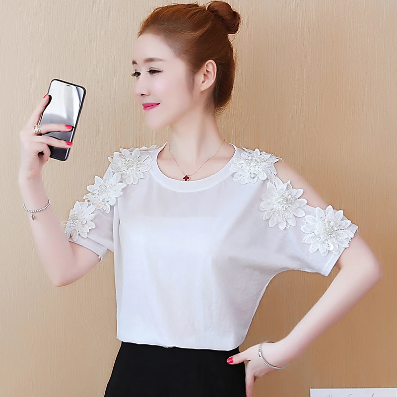 

New hollow out off shoulder Cropped Women Short Sleeve Flower embroidery cold shoulder Blouse Casual ruffle blouses Tops 506C3