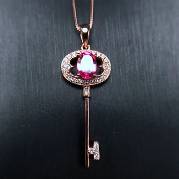 

Uloveido Pink Topaz Key Necklace for Women, 925 Sterling Silver, Rose Gold, Jewelry Wedding, 5*7mm Velvet Box Certificate FN177