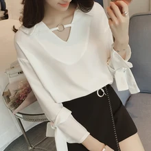 2017 Spring Korean New Fashion Wild Solid V-collar Flanging Lace Loose Thin Chiffon Female Shirt Blouse