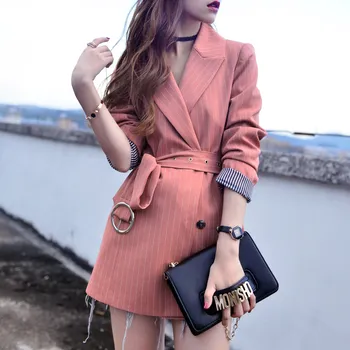 Striped long blazer Women Striped 2018 new Autumn Double Breasted Business Office Blazers Women casual ladies suit with belt female costume emberens 4217 striped handsome casual with belt autumn winter российское production delivery from russia