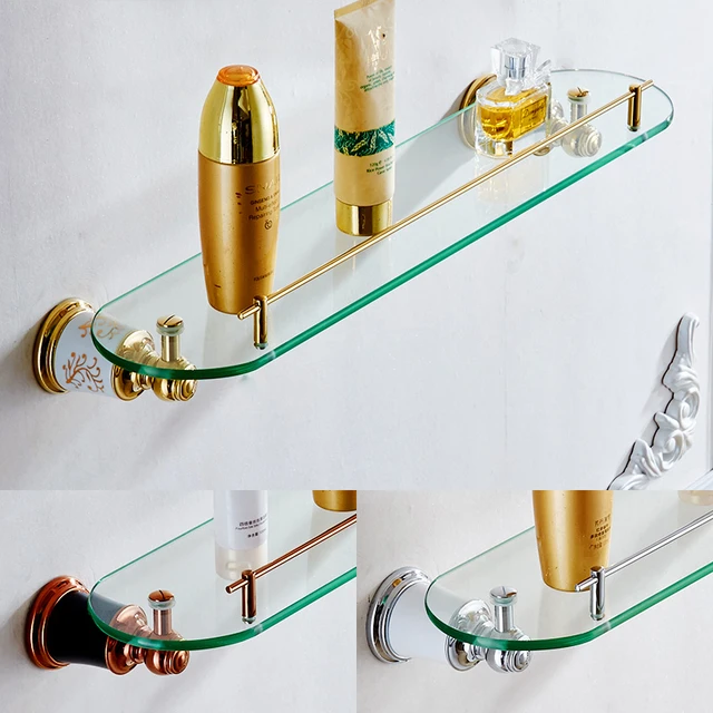VidricShelves Tempered Glass Shower Shelf Single Bar Antique Brass