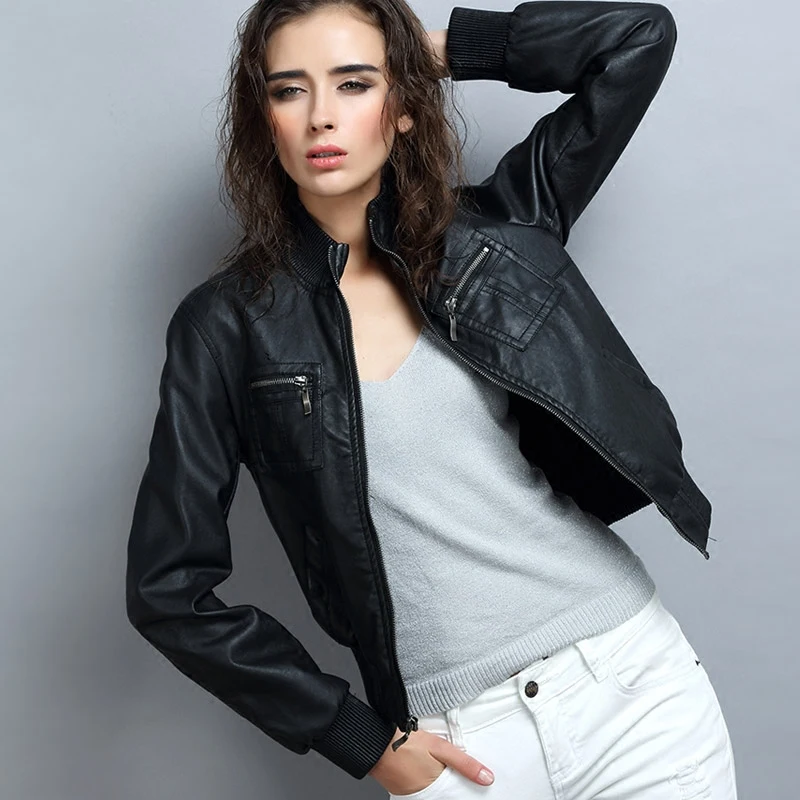 Fashion short design leather jacket women faux leather clothing coat zipper stand collar slim autumn winter 2017 leather jackets
