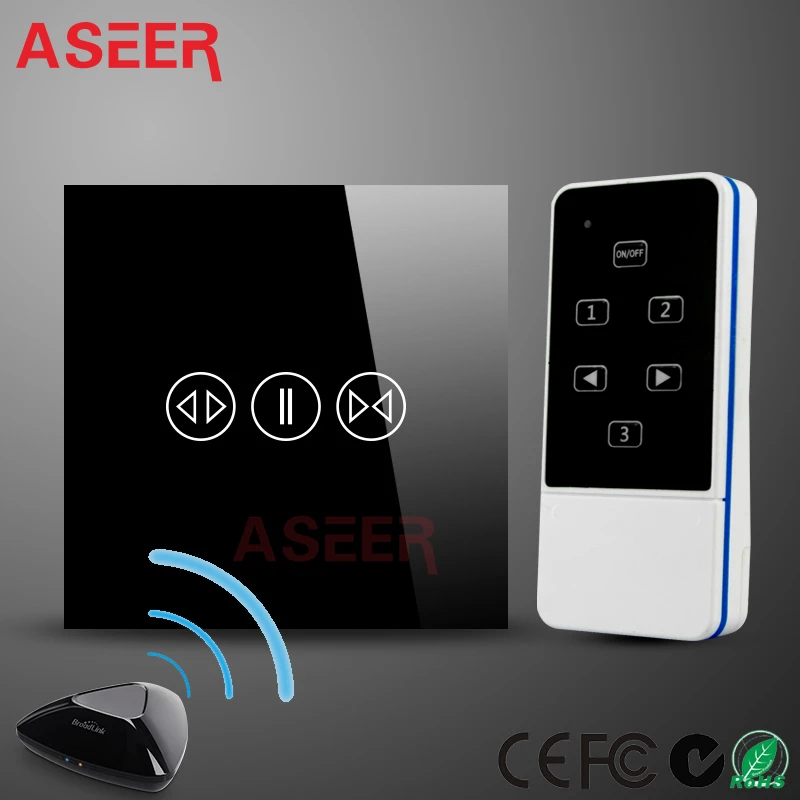 

ASEER,Smart Home Remote Control Wall Touch Curtain Switch EU Standard RF433 Luxury Glass for Electric Curtains by Broadlink