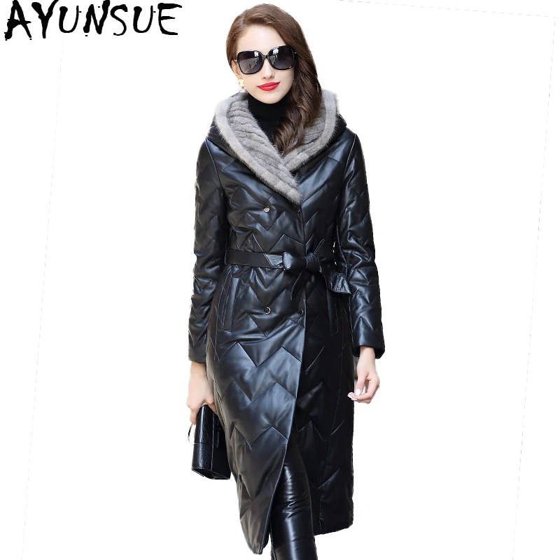 

AYUNSUE 2019 Genuine Leather Jacket Real Sheepskin Coat Natural Knitted Mink Fur Hooded Long Women's Down Jackets HQ18-CJX0095B
