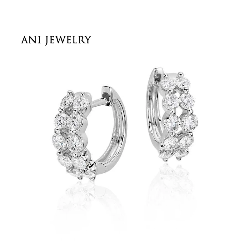 

ANI 18k White Gold Women Circle Earrings 0.95 CT Certified I/S1 Natural Diamond 2 Rows Drill Hoop Circle Earrings Fine Jewelry