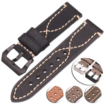 

Cowhide Watchbands 22mm 24mm Genuine Leather Watch Strap Band Accessories Bracelet Black Buckle For Panerai