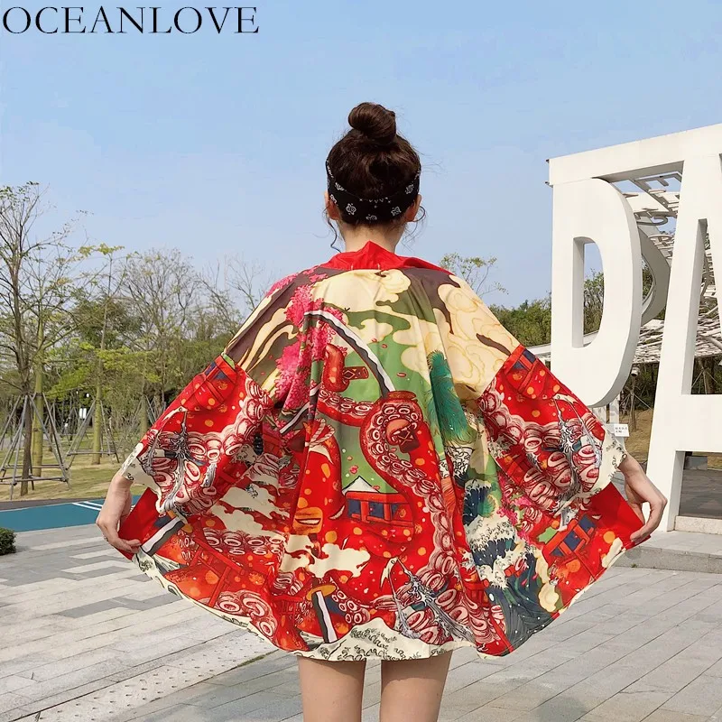 

OCEANLOVE Kimono Harajuku Summer 2019 Women Cardigan Blouses Japanese Yukata Shirts Loose Cosplay Thin Print New Blusas 11527