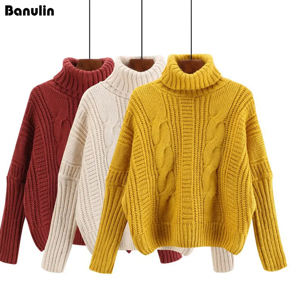 Banulin Autumn Winter Thicken Jumper 2018 Solid Color Hot Sale Turtleneck Long Sleeve Knitting Pullover Keep Warm Sweater Women Sweaters
