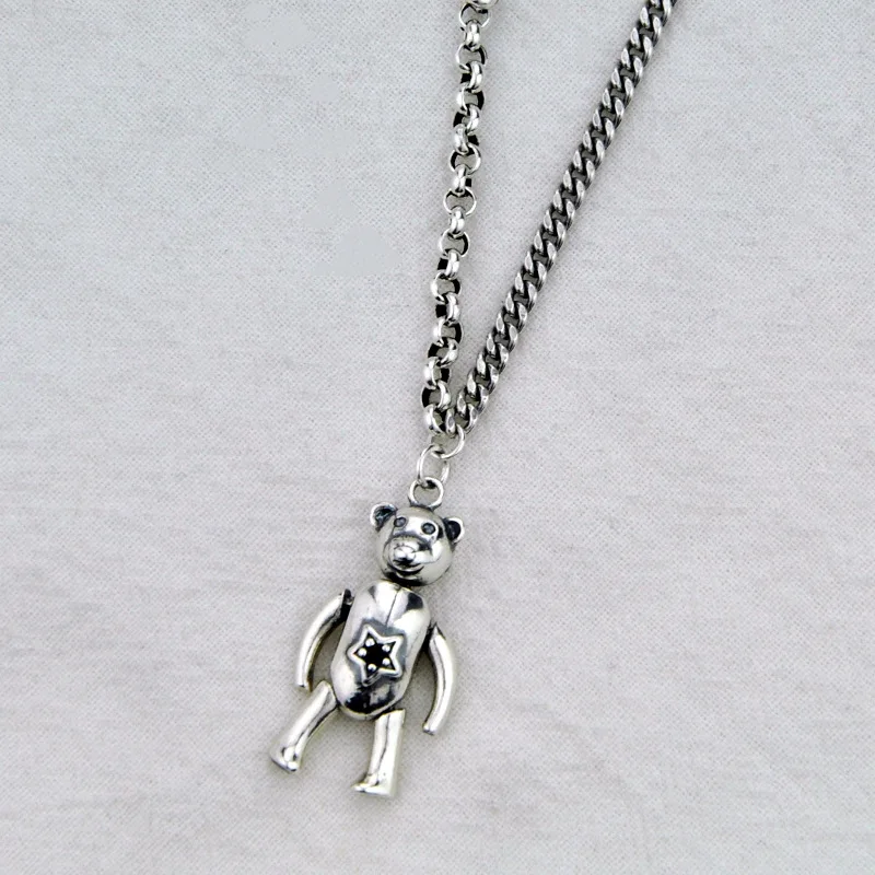 Thai Silver 925 Sterling Silver Rotatable Limbs Bear Pendant Necklace Vintage Silver Punk Big Necklace S925 Choker Women Jewelry