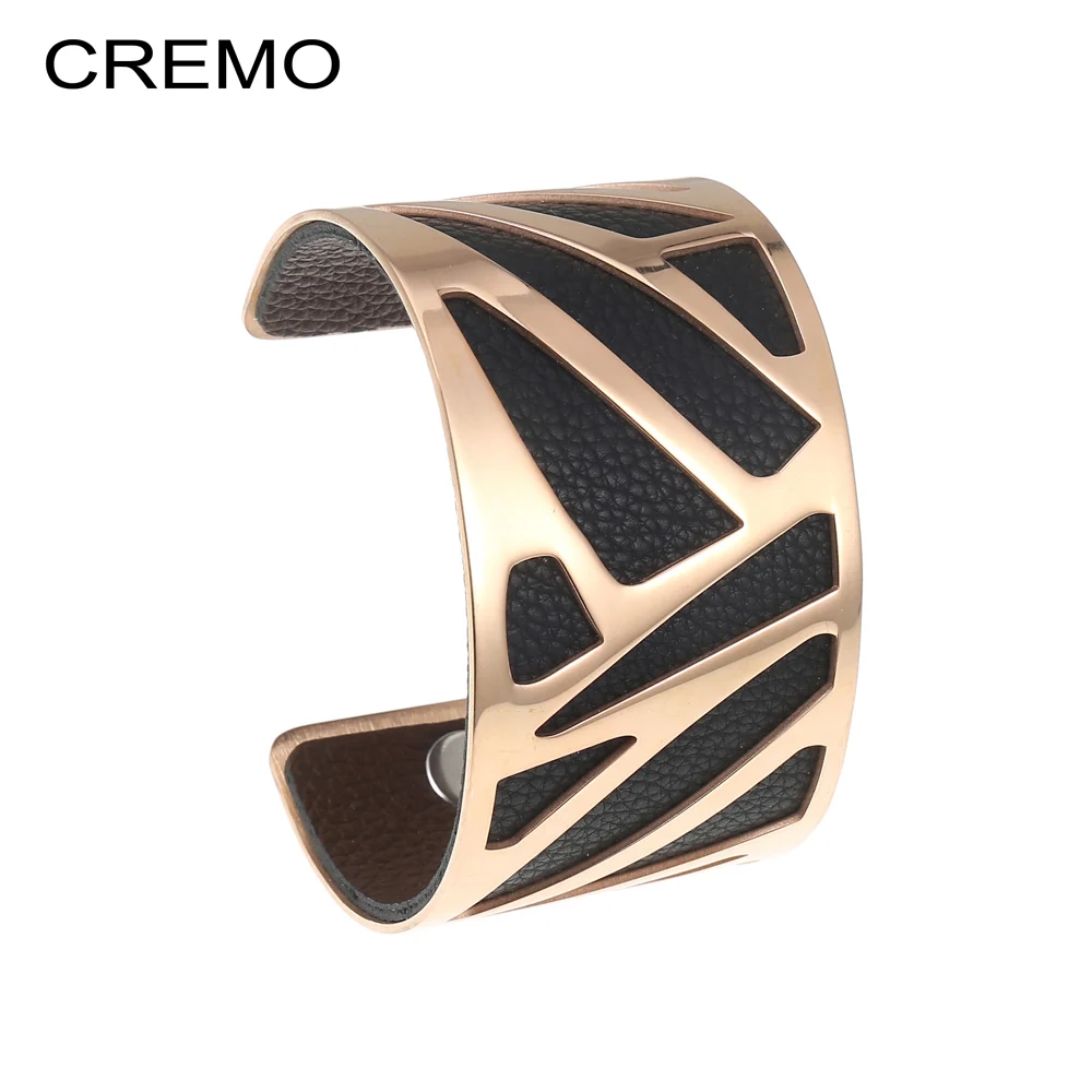 

Cremo Reversible Bracelet & Bangle Opening Ribbon Cuff Leather Arm Cuff Bangle Geometry Stainless Steel 40mm Leather Bracelet