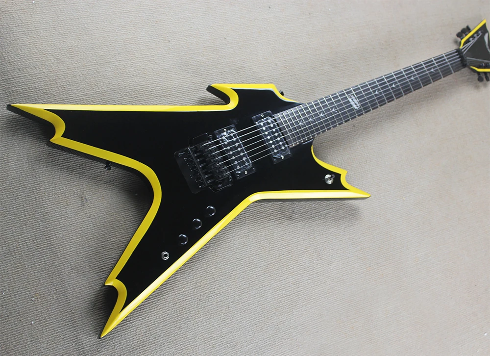 

Black Unusual Shape Electric Guitar with Tremolo,Blade Pattern Inlay,Yellow/Red Binding,offering customized services