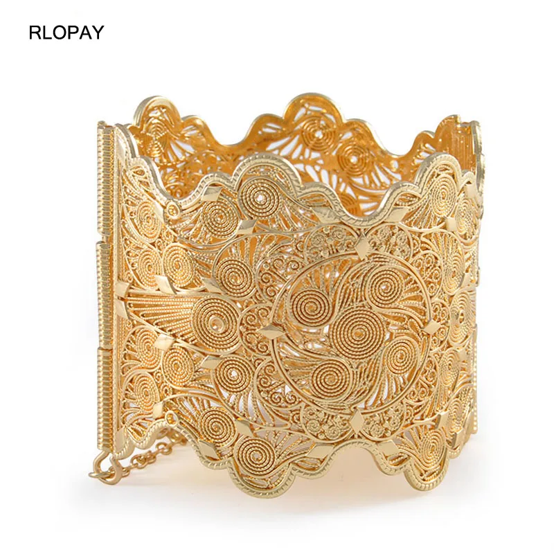 

Luxury Muslim Bangles Armlet Unique Design Plus Size Wrist Band Open Type Hollow Flower Solid Gold Cuff Bracelets Dance Jewelry
