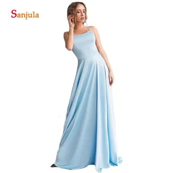

Blue Satin A-Line Bridesmaid Dresses Scoop Back Criss-Cross Sexy Long Night Party Dresses Leg Slit Maid of Honor Gowns D388
