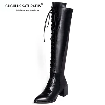 

Cuculus size 35-41 High quality PU+genuine leather boots pointed toe thick high boot handsome over the knee boots for women 1472