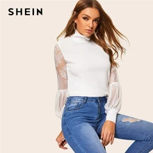 SHEIN Белая Кружевная блуза с высоким горлом и воздушными Шарами на рукавах, сетчатая блузка, Женская Весенняя офисная элегантная блуза, однотонная женская рабочая одежда, блузки