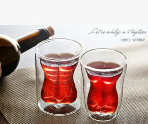 

2pcs/lot Creative Beauty and Men's Cup Double Insulated Glass Cup Sexy Beauty Cup Ladies Whiskey Beer Cup