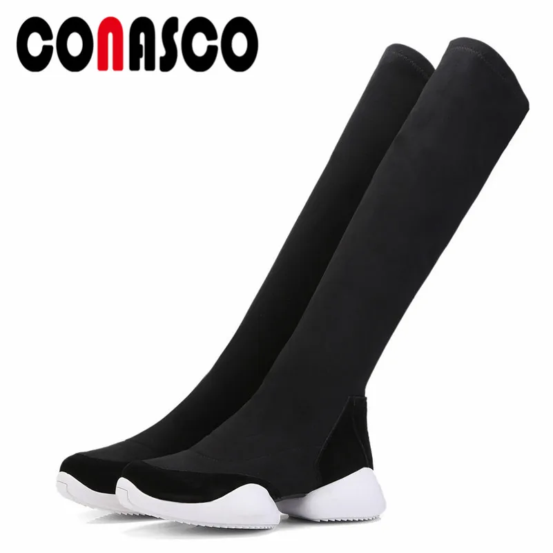 

CONASCO Fashion Brand Knee High Boots Wedges Platforms Stretch High Boots Autumn Winter Shoes Woman New Sexy Warm Snow Boots