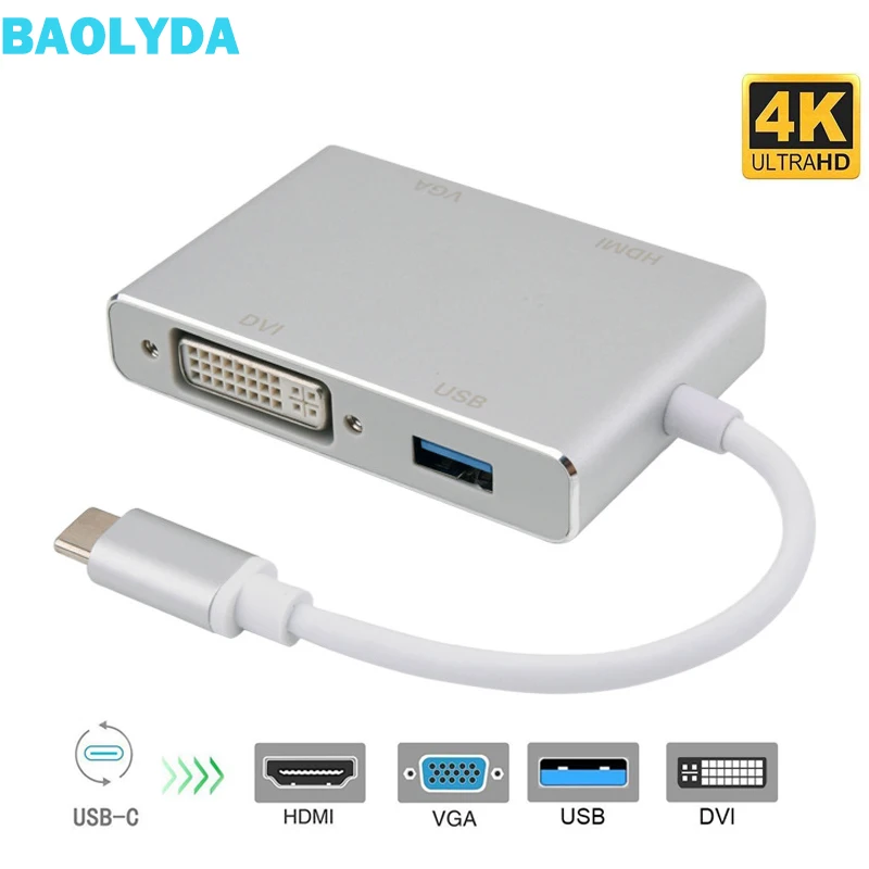 Baolyda USB C к HDMI 4K адаптер Thunderbolt 3 концентратор USB 3,1 type C к HDMI VGA DVI USB мульти концентратор для MacBook/Pro Chromebook Pixel