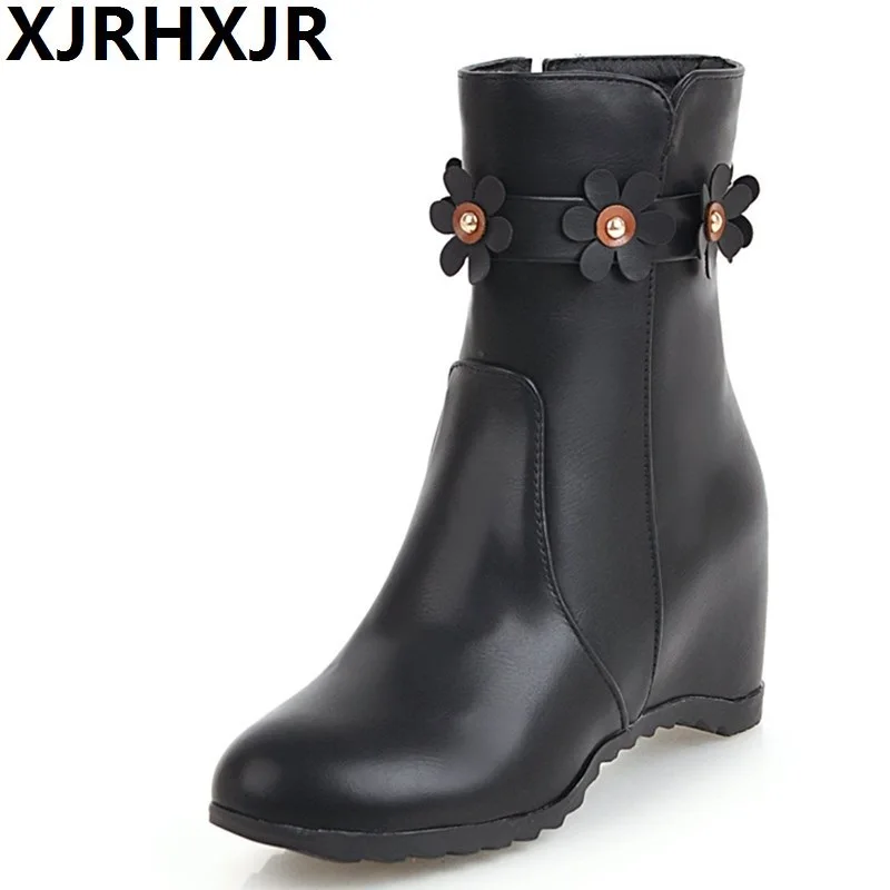 

XJRHXJR Big Size 33-43 2018 Platform Ankle Flower Woman Shoes Casual 6cm Height Increase Footwear Black White Pink Ankle Boots