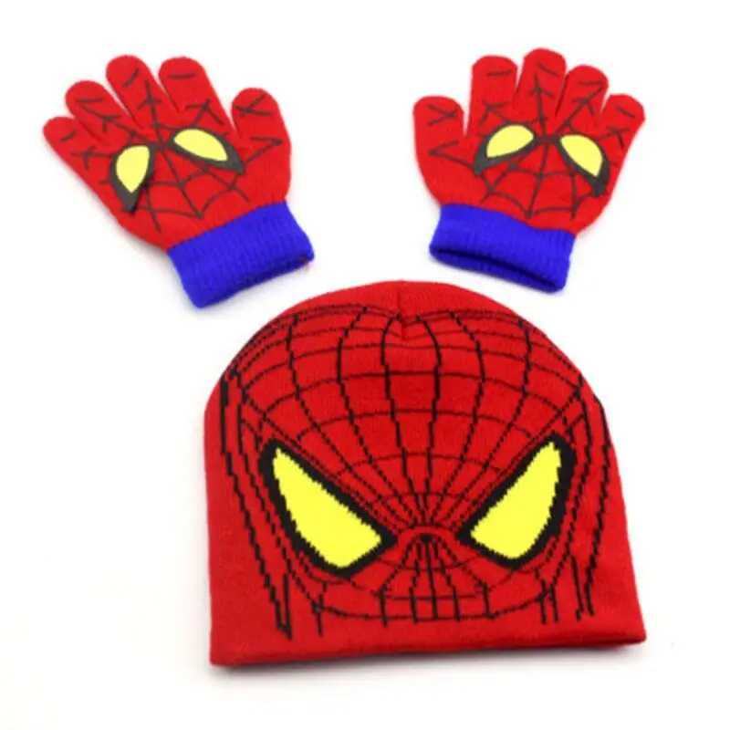 Autumn Winter Girls Boys Hats Set Cartoon Spider Man Warm  knitted Hat Gloves Sets Children Caps 3