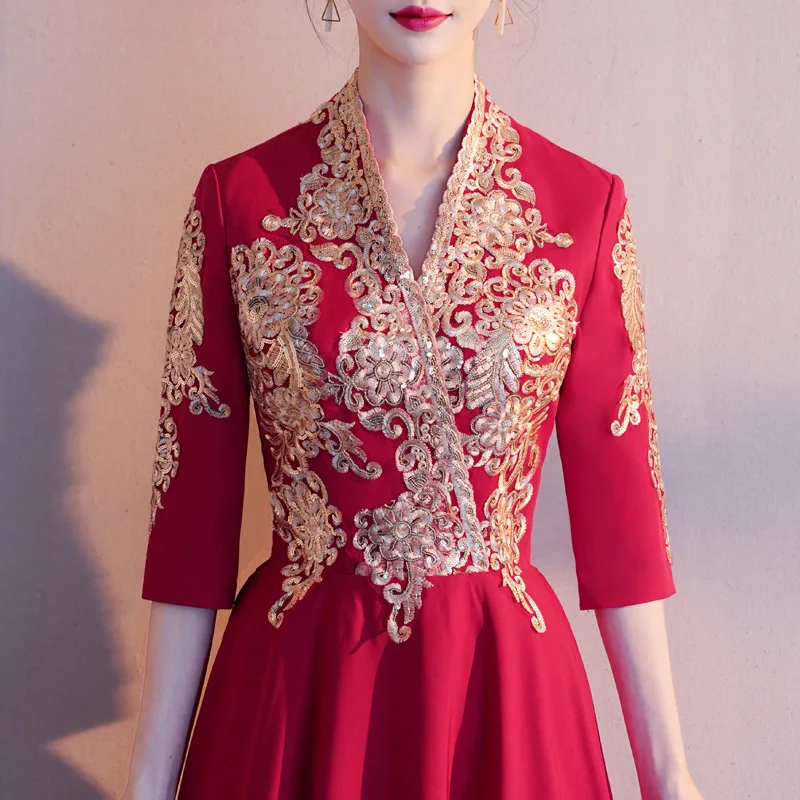 Элегантные атласные женские Qipao красные с v-образным вырезом Свадебные платья невесты Китайский традиционный Чонсам Большие размеры 3XL Vestidso Сексуальное Женское Платье