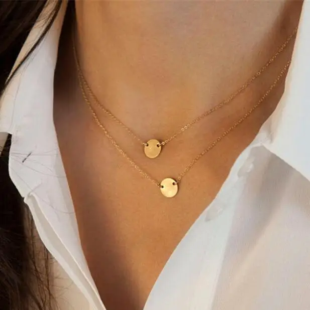 Simple Gold color Double Chain Necklace Round Pendant , Y Necklace