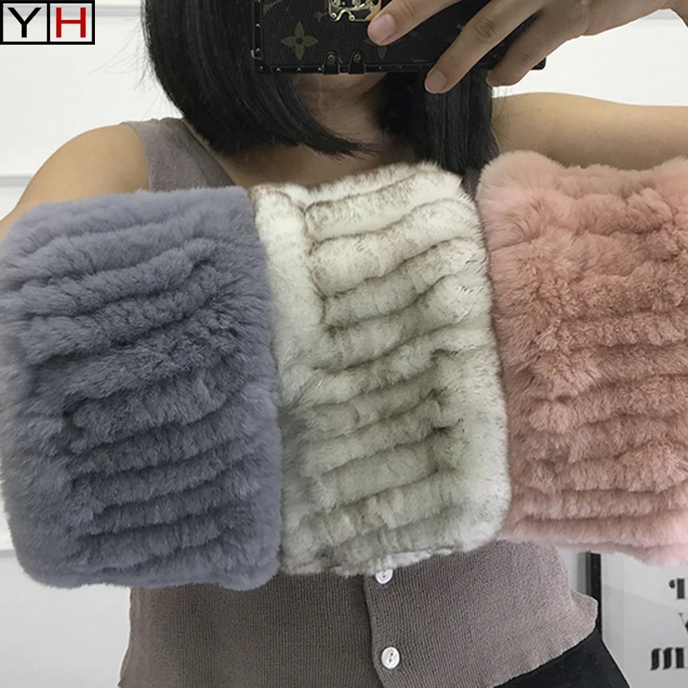

Hot sale Winter Women Real Fur Handmade Stretch Fur Scarf Knit Genuine Rex Rabbit Fur Headbands Natural Fur Ring Scarves