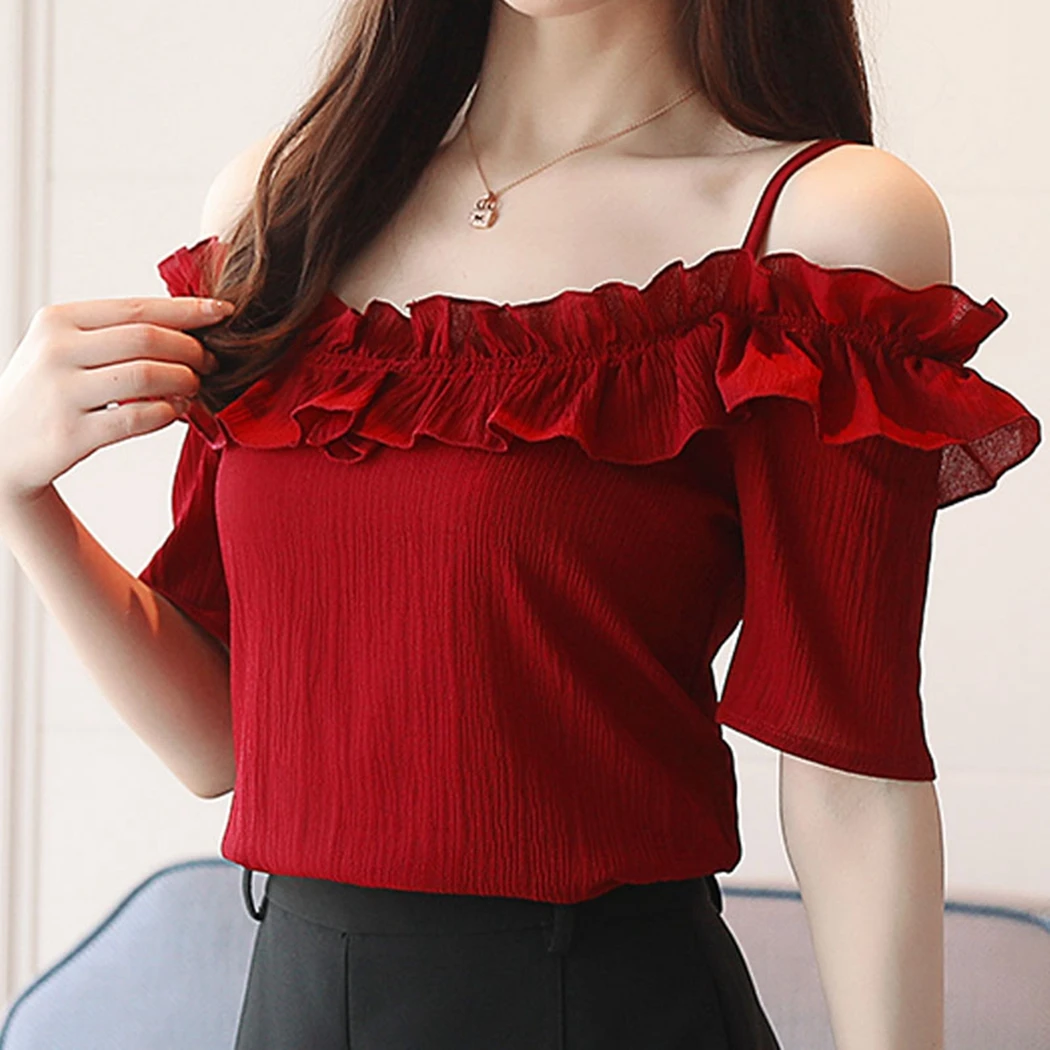 

2019 Sexy Slash Neck Ruffle Blouse Women Off Shoulder Chiffon Shirt Ladies Tops And Blouses Short Sleeve White Shirts Plus Size