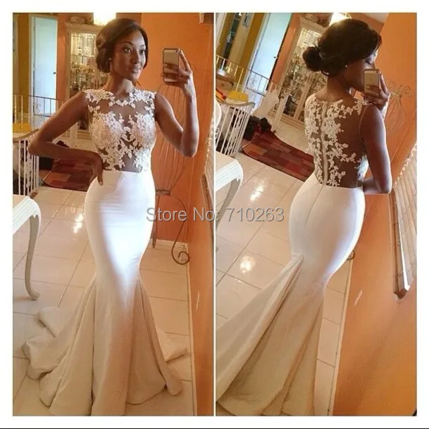 

New Sexy Mermaid High Neck Sleeveless Satin Wedding Dress with Lace Appliques 2016 Sheer Transparent Bridal Gown Custom Size