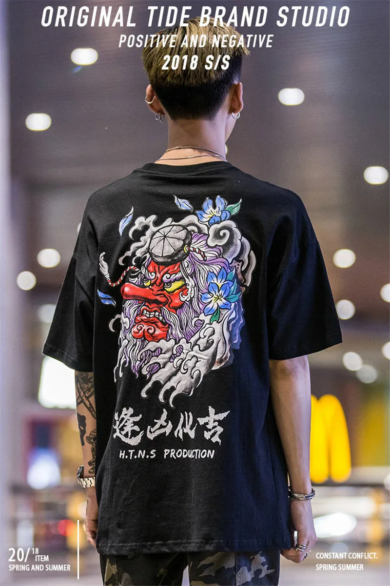 Футболка Мужская Хип-Хоп футболка с японским принтом Харадзюку футболка Уличная Повседневная летняя футболка с коротким рукавом Топы в стиле хип-хоп Футболка с принтом