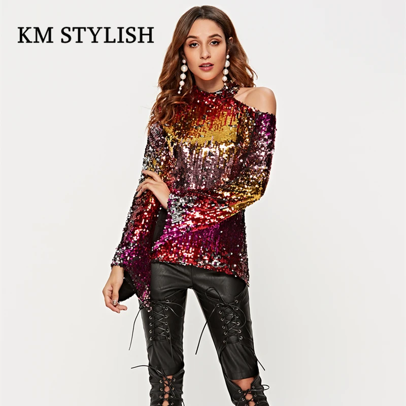 2019 Весна Новый Модный Топ Женская блузка с длинным рукавом Водолазка Bling Sequined нерегулярная расклешенная Повседневная рубашка