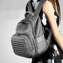 Mochila Vintage de cuero suave de alta calidad para mujer, mochila con remaches, mochila informal para mujer, negro y gris 2018