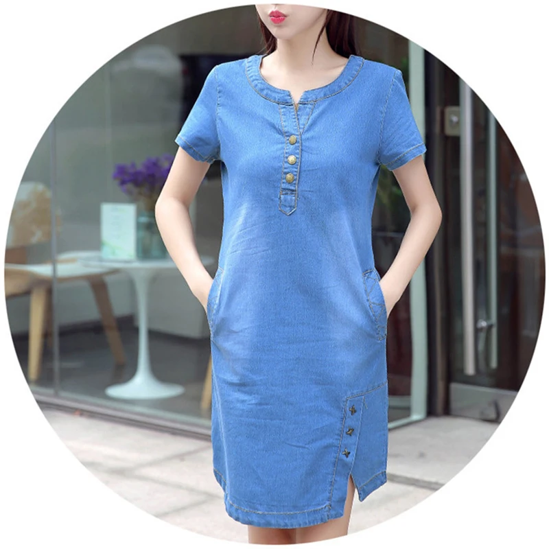 Summer Denim Dress Women 2019 New Fashion Round neck Short sleeve Jeans Dresses Plus size Female Loose A-Line Denim Dresses N292