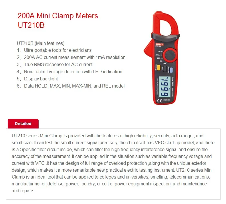 UNI-T UT210B Handheld Mini Digital Clamp Meter True RMS Auto Range AC DC Volt 100A Ohm Capacitance Multimeter