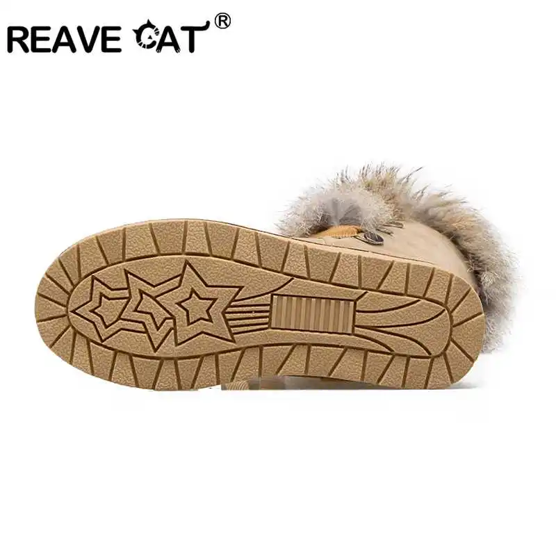 REAVE CAT/Размеры 34–43 Для женщин до середины икры ботинки на плоской подошве с густым мехом и с перекрестными ремешками Женские короткие сапоги теплые зимние сапоги женские стопы A090