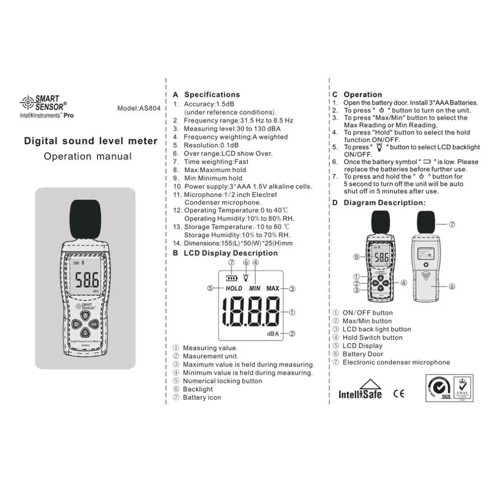 Умный датчик AS804 цифровой измеритель уровня звука децибел 30d 130dBA диагностический