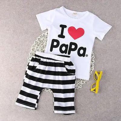 Летняя Милая Одежда для маленьких мальчиков и девочек с надписью «I LOVE PAPA/MAMA» футболка с короткими рукавами+ штаны в полоску комплект из 2 предметов, 3-24 мес
