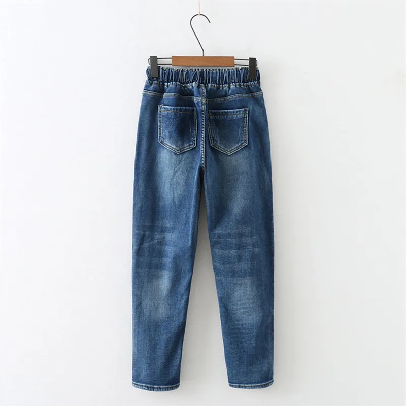 Women Jeans Black and Blue Plus Size Jeans 2019 New Spring Casual Loose Plus Vevet Pants Elastic Waist Mom Jeans Feminina LD724