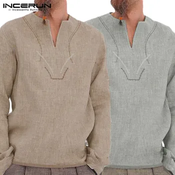 

INCERUN Men Shirts Solid Color Long-Sleeved European American Small Fresh Printed Literary Leisure Street Chic 2020 V-neck Shirt